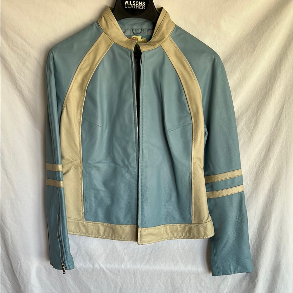 Wilsons Leather Baby Blue and Cream Retro Leather Jacket Size Large